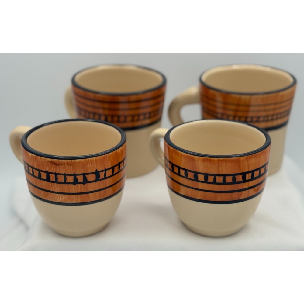 (4) HF Coors 9" Mugs Cups - (2) 4" Wide (2) 3 1/4" - Tapa Pattern - Stoneware